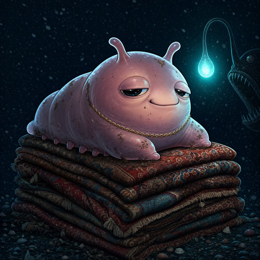 Lowell lying on a pile of rugs on the sea floor